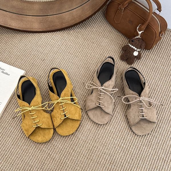 Ddmysports Summer New Open Toe Lace Up Women Soft Leather Versatile Square Strap Flat Sandals For Outdoor Wear Outdoor Shoes