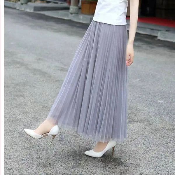Vintage Tulle Skirt Women Streetwear Elastic High Waist Mesh Pleated Skirts Summer Elegant Korean A Line Office Ladies Skirt 250619