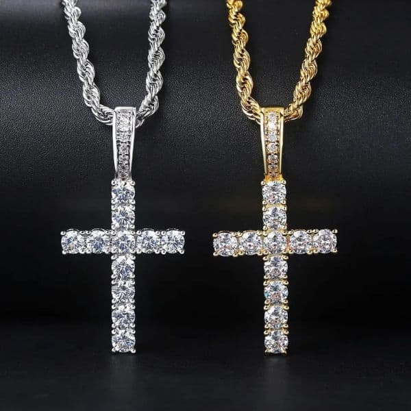 Gold Plated Cross Pendant Necklace for Men and Women - Stainless Steel 4MM CZ Stone Hip Hop Chain Necklace L260526