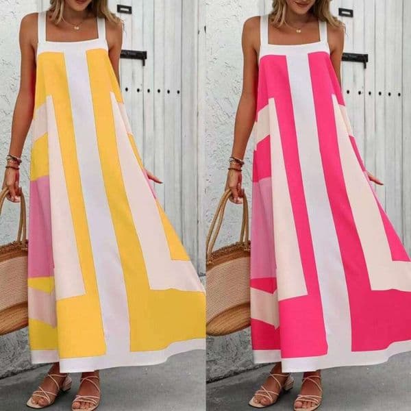 Summer New Fashion Loose Print Color Block Striped Large Swing Strap Dress B5