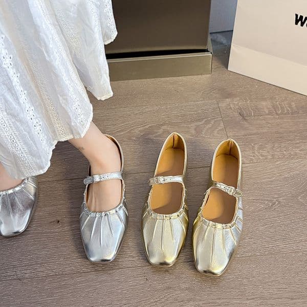 Ddmysports Flat Single For Women Summer Ballet Dance Outdoor Soft Leather Shallow Mouth French Style Elegant Silver Mary Jane Grandma Shoes Outdoor Shoes