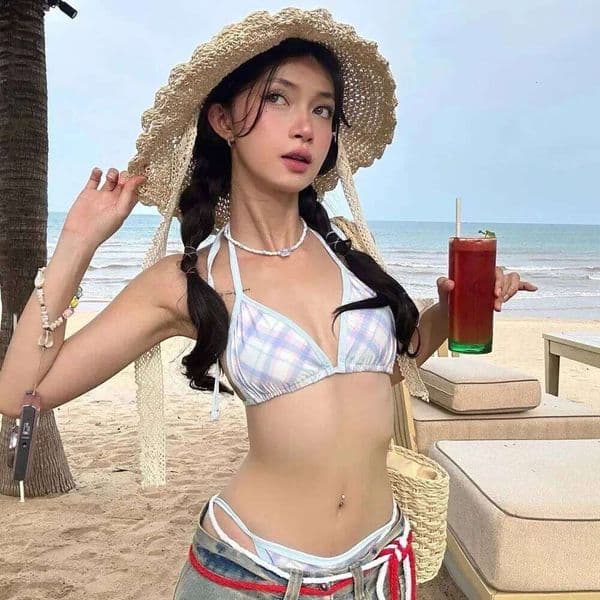 Sexy Plaid Bikini Set Women's Vacation Thermal Spring Swimsuit Strap Design Pure Desire Sweet Cute Separate Triangle Swimwear