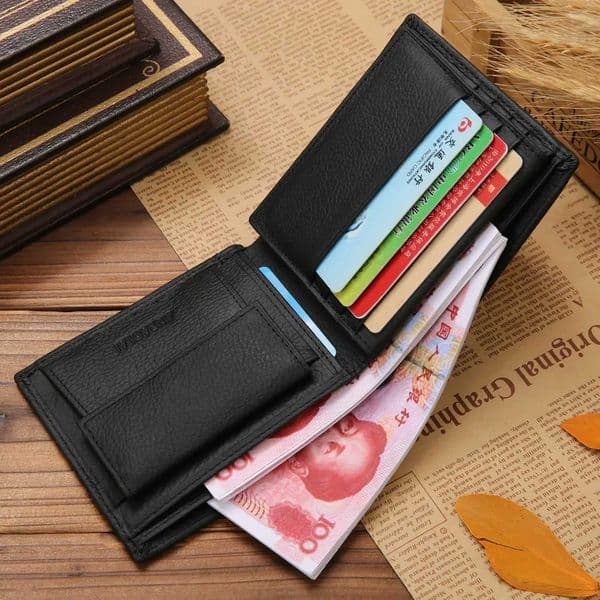 Premium Cowhide Wallet for Men Short Black Leather Bifold Wallet Classic Style Mens Wallet Z250621