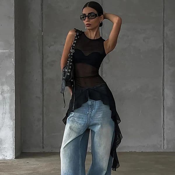 Tornova Mesh See Through Womens T shirt Fashion Sleeveless Streamer Splice Top Solid Slim Color Sexy T shirt 2025 Summer 250619