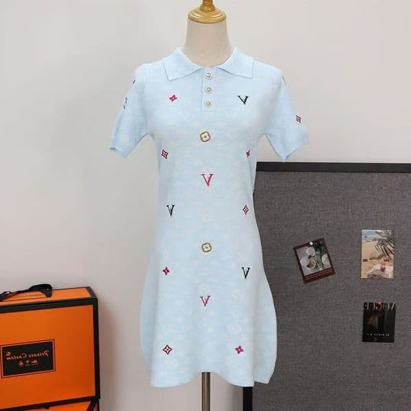 Embroidered Summer - Knit Short Sleeve Polo Neck Dress for Women H260207