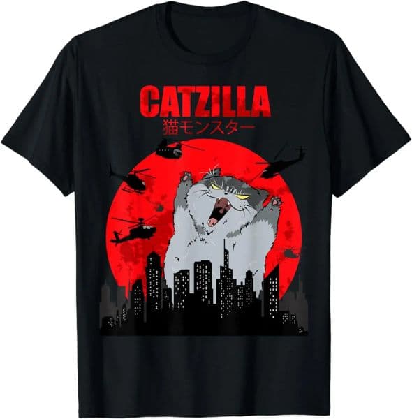Funny Cute Art Japanese Cat Graphic for Cat Lover Catzilla T-Shirt Graphic T Shirts Womens Clothing Fashion