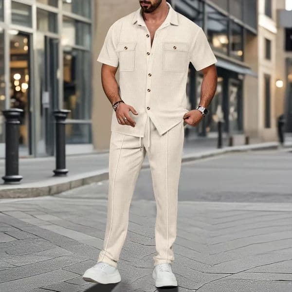 2025 cross-border mens summer solid color button-up pocket shirt short-sleeved trousers two-piece set250616BJ