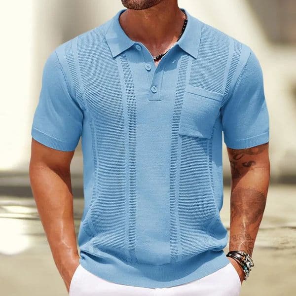 Men Pitted Striped Suit Collar Work Tops Casual Hollow Out Knit Polo Shirt Fashion Leisure Pocket Short Sleeve T-shirt M-3XL 250619