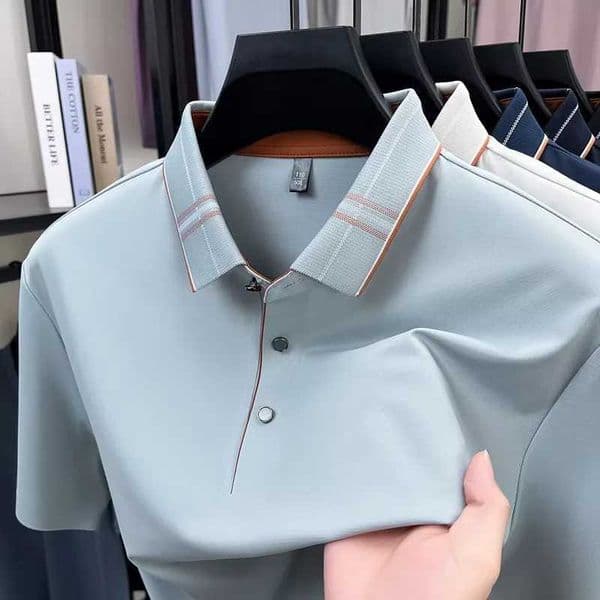 Light luxury mens short sleeve polo shirt summer fashion ice silk cool comfort business leisure high-end striped lapel T-shirt X250620