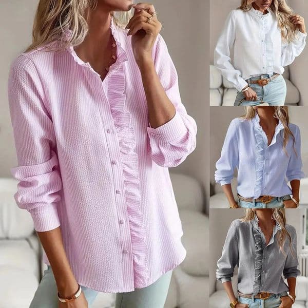 Womens Stripe Shirts Blouses Elegant Ruched Ruffles Button Down Shirt Stand Collar Long Sleeve Tops Office Lady Causal Blouses 250616