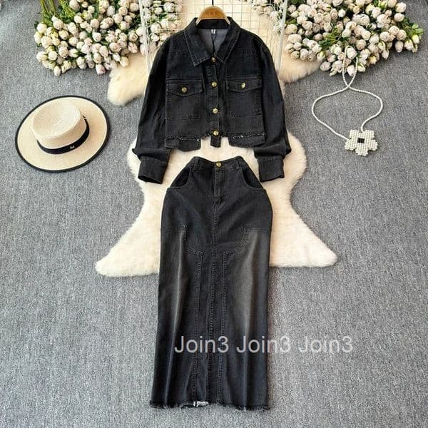 Denim Outfits Fashion Two Piece Sets for Womens Long Sleeve Lapel Neck Crop Coat High Waist Bodycon Skirts Suit Casual Y2k Set
