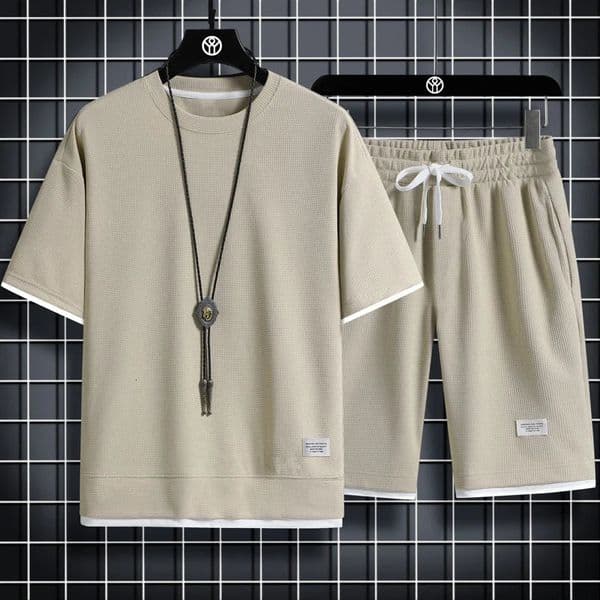 2024 Summer Mens Waffle Sets Casual TShirt And Shorts Set Male Sports Suit Solid Color Tracksuit Loose Suits 250614