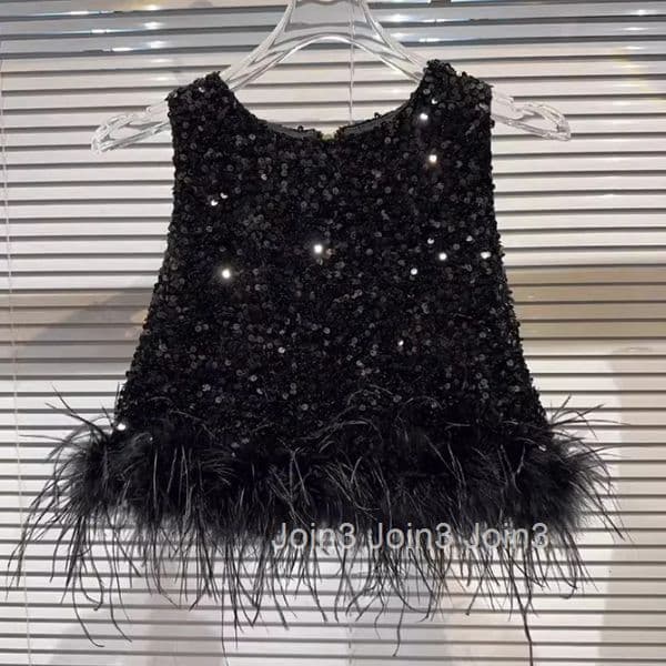 Women Clothing Korean Tanks O-neck Sleeveless Feather Temperament Vest Chic Summer Camis Heavy Sequin Crop Tops 2025 Ropa Mujer