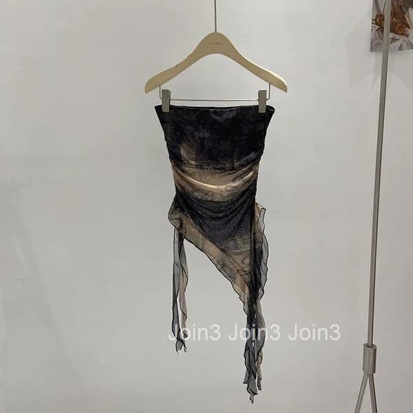 2025 Ropa Mujer Crop Tops Tie-dye Irregular Tanks Sexy Tees Fashion Gauze Tunic Y2k Top Summer Tassel Mesh Strapless Vest Women