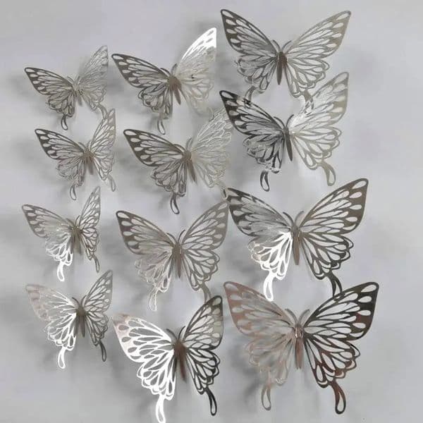 12Pcsset 3D Hollow Butterflies Stickers Metal Silver Butterfly for Party Balloons Home Decor Wall 250617