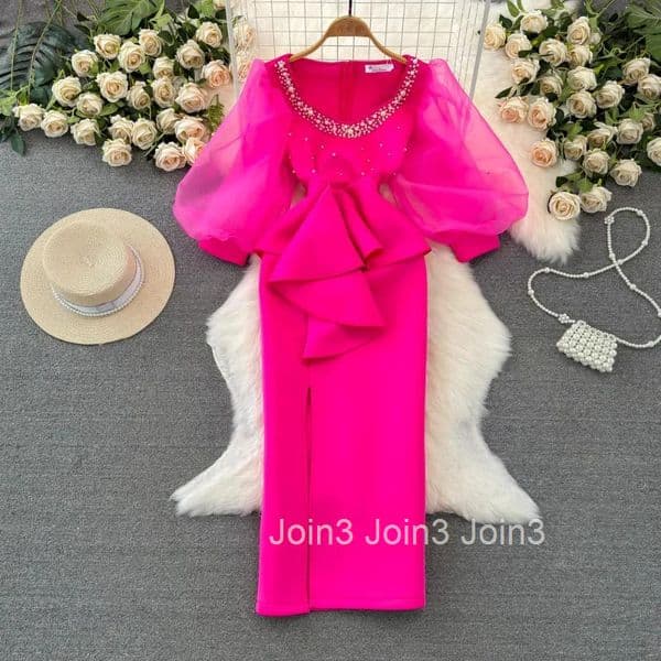 Temperament Robe Femme Party Dresses for Women Gauze Lantern Sleeve Square Collar Beading Split Dress 2025 Vestidos De Mujer