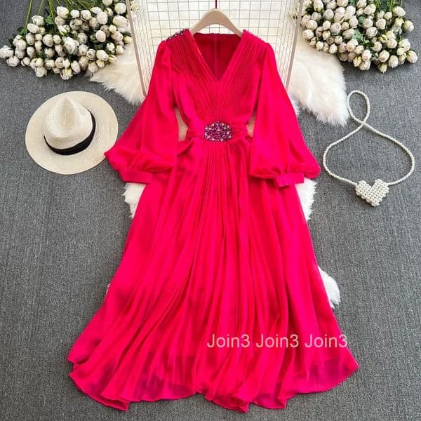 Elegant Maxi Dresses Holidays Chic Ropa Mujer V Neck Lantern Sleeve Chiffon Slim Waist Vestido Femme Pleated Big Swing Dress