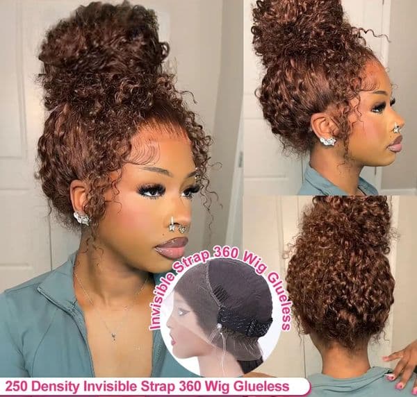 Chocolate Brown 360 Full Lace 250 Density Curly Human Hair Ready To Wear Glueless Deep Wave Frontal Wig On Clearance Sale