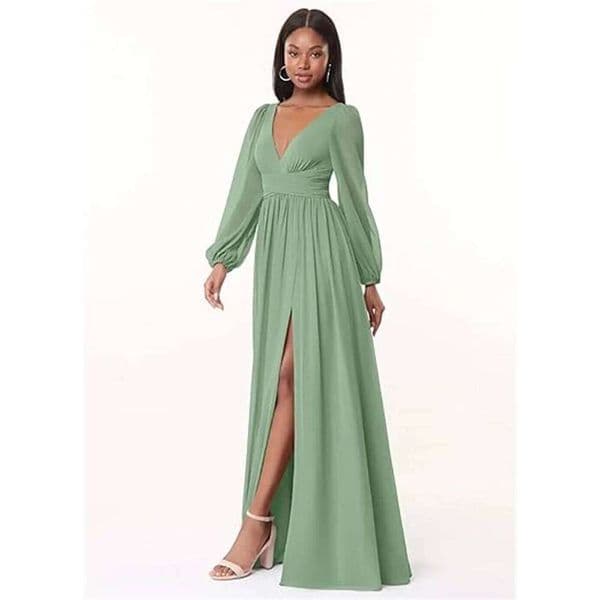 Sleeves V Neck Bridesmaid For Wedding Side Slit Flowy Chiffon Evening Formal Dresses Sexy Long Prom Dress Plus Size