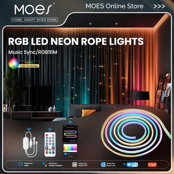 MOES Wifi Smart Neon LED Light Strip 16 Million RGB Color Rope Lamp for TV Backlight party Decoration Works with Alexa Google Home X250623