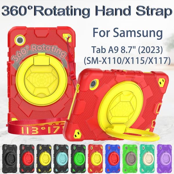 Handle Shoulder Strap Case For Samsung Galaxy Tab A9 8.7" A9+ A9 Plus 11" Case Heavy Duty Armor 360 Rotation Pull Ring Kickstand Cover Kids Shockproof Cases with PET Film