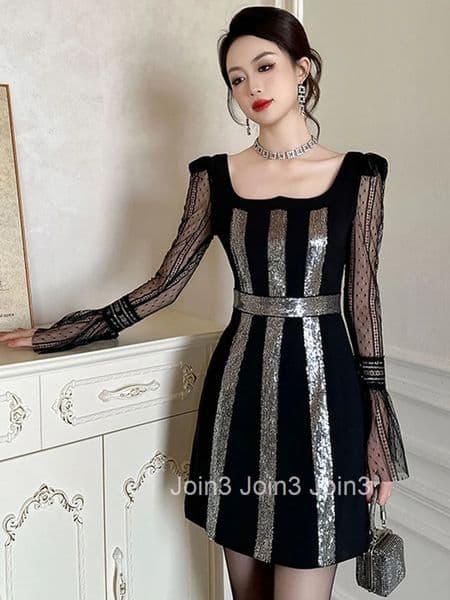 New Spring Fashion Lady Black Sequin Evening Short Dress Women Clothes Elegant Sheer Sexy Square Collar Slim Party Prom Vestidos