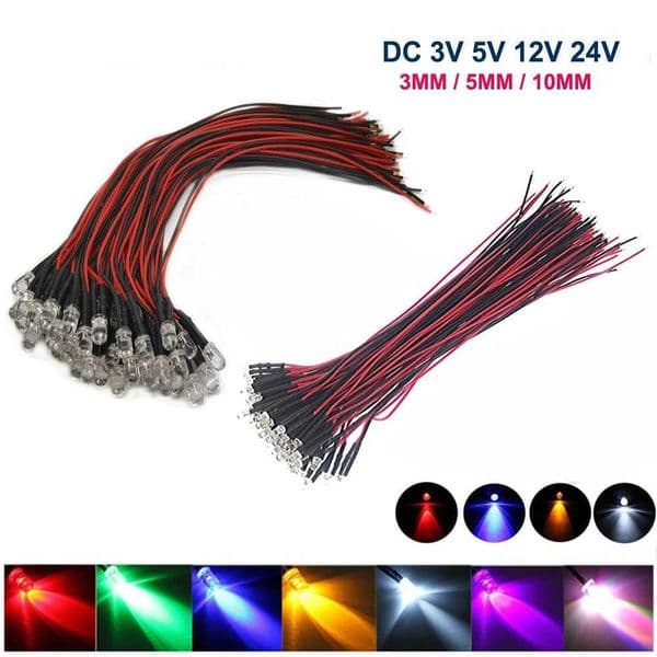 20-100 PCS Transparent LED Diodes DC3V 5V 12V 24V 3MM 5MM 10MM For Red/Green/Blue/Yellow/UV/ Orange/Pink/Hot/White/RGB Pre-wired X250623