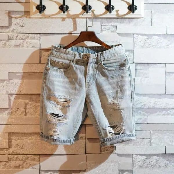 Short Jeans Pants for Men Blue Slim Ripped Mens Denim Shorts Original Streetwear Summer Stretch Korean Fashion Distressed Retro 250617