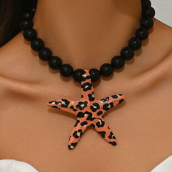 Women S Long Necklace With Unique Leopard Print Starfish Pearl Clavicle Chain Fashionable And High End Jewelry