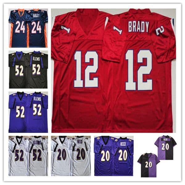 Throwback American Football Jersey 12 Tom Brady 20 Ed Reed 52 Ray Lewis 24 Champ Bailey Stitched Black Purple White Red Blue Retro Uniforms