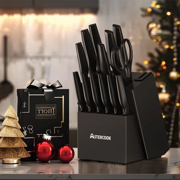 Astercook Kitchen Knife Set with Built-in Sharpener Block Dishwasher Safe 15 Pieces German Stainless Steel Knife Block Set 250625