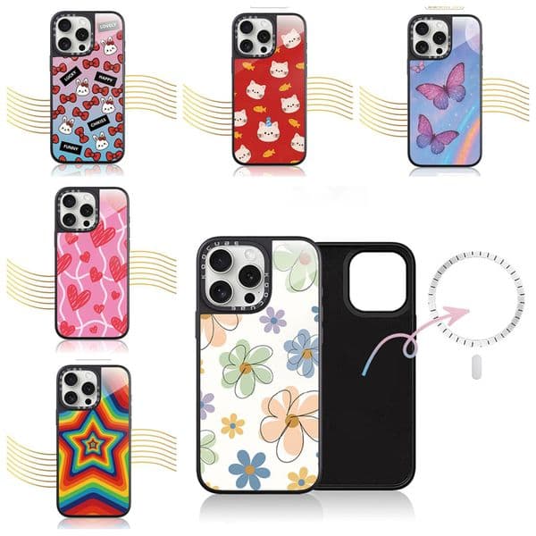 Magnetic Wireless Charging Hard Glass Cases For Iphone 16 Plus 15 Pro Max 14 13 12 Flower Butterfly Love Heart Star Cat Rabbit Boy Girl TPU Magnet Shockproof