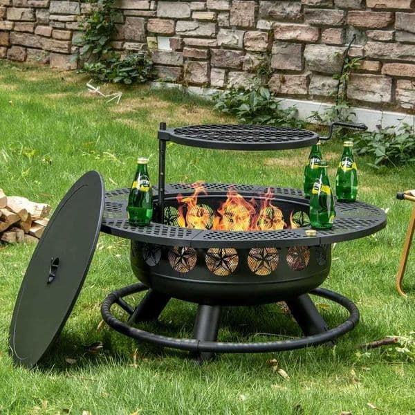 36 Inch Cooking GrillOutdoor Wood Burning BBQ Firepit with Lid 3-in-1 Outdoor Fire Pit for Backyard Deck Bonfire