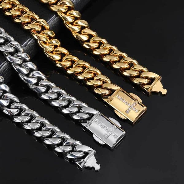 Stainless Steel Miami Cuban Chain Necklace Bracelet Cross Clasp Spring Jewelry