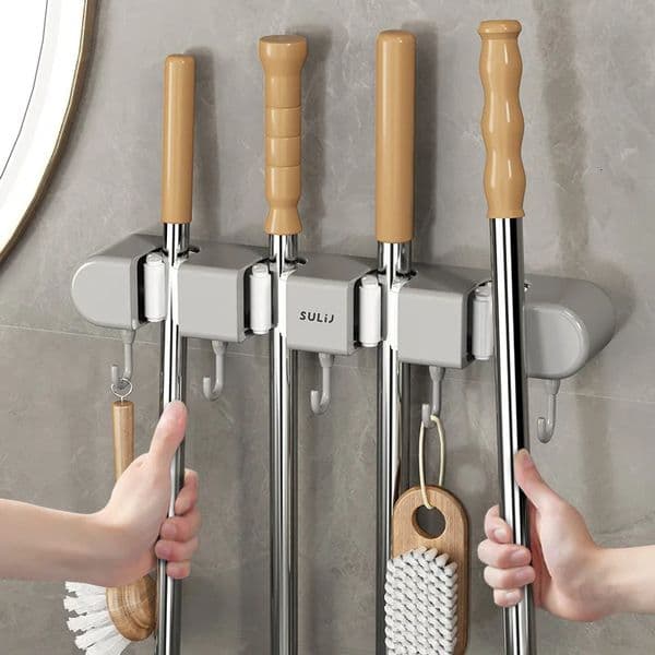 Wall Mounted Mop Holder Multi-Functional Broom Hanger Shelf Home Kitchen Storage Bathroom Suction Hanging Pipe Traceless Hooks 250624