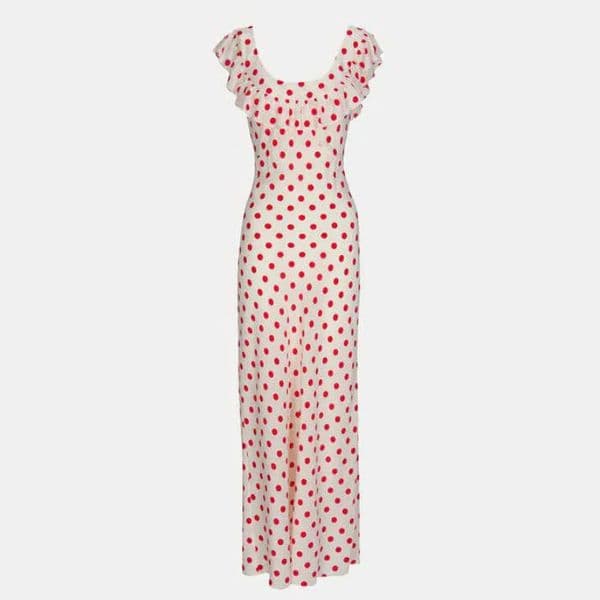 Spring Summer New Women's Chiffon Ruffle Edge Long Dress Red Wave Dot Print Dress