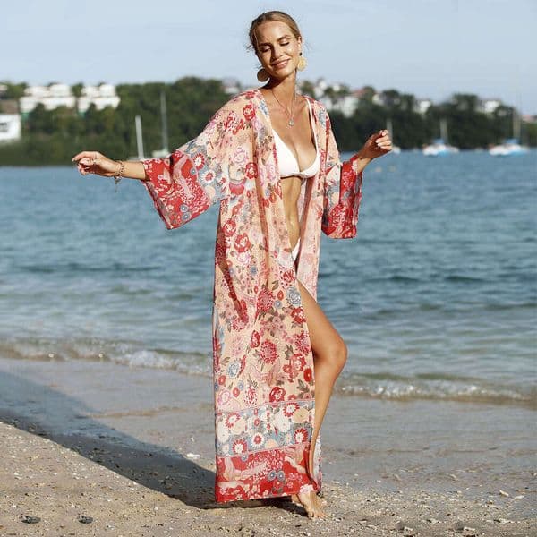 Plus Size Chiffon Cardigan Printed Vacation Robe Beach Dress B5
