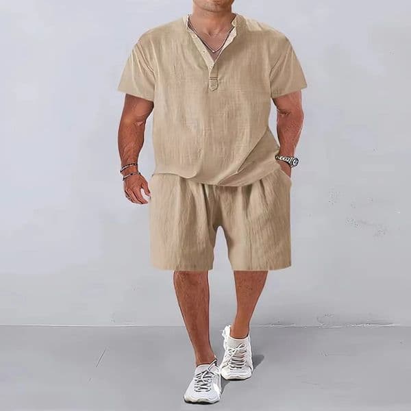 Fashion Men Sets 2025 Summer Mens Solid Color Stand Collar Linen Outfits Short Sleeve Polo ShirtShorts 2 Pieces Casual Suit 250624
