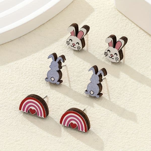 1 Set of 3 Pairs Easter Egg Rose Flower Puppy Rabbit Heart Creative Wooden Earrings
