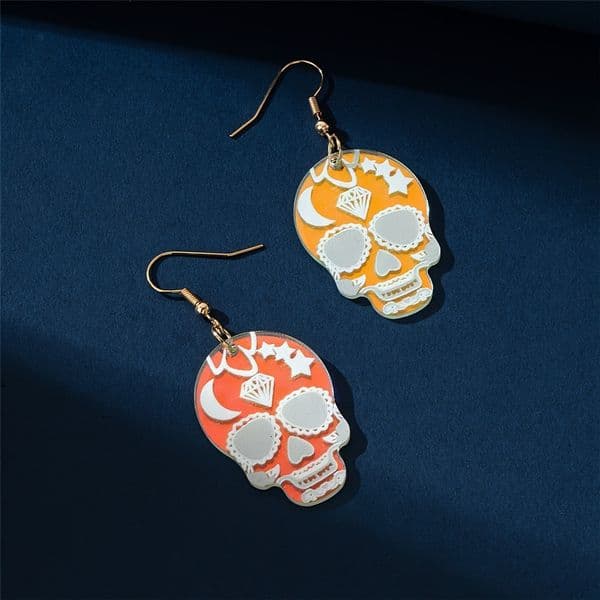 A Pair of Unique Versatile AB Skull Acrylic Colorful Earrings Fashion Asymmetric Red and Yellow Halloween Matching
