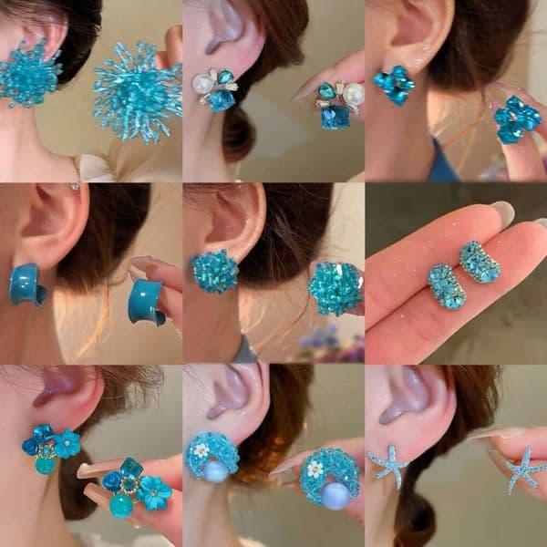 Sier Needle Glass Crystal Seed Bead Flower Blue Fresh Vacation Style Light High-end Earrings for Women