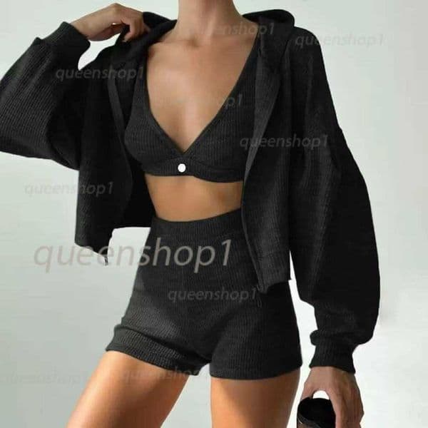 Womens Tracksuits New Yoga Sweatshirt Top Sweatshorts Hoodie Three Pcs Set Women Sport Suit Knitted Zipper Hooded Cardigan Sweatshirt Vneck Triangular Cup Chest Hi
