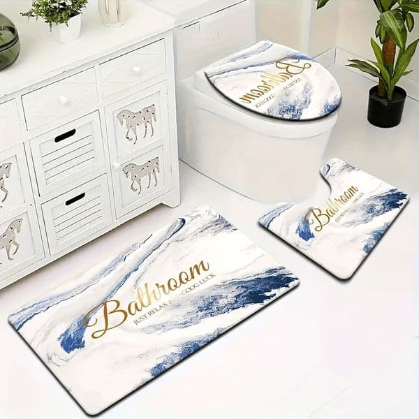 3piece set of blue and white porcelain bathroom floor mats toilet Ushaped nonslip wearresistant 250626