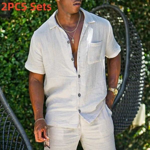 2025 Mens Summer Cotton Linen Casual Sets Fashion Short-sleeved Loose Shirt and Shorts Two-piece Sets Men Beach Holiday Outfit XJ250627