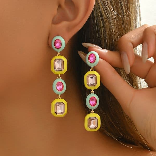 Fashion Style Women's Corful Oil Drop Design Inlaid High-End Earrings Ear Jewelry