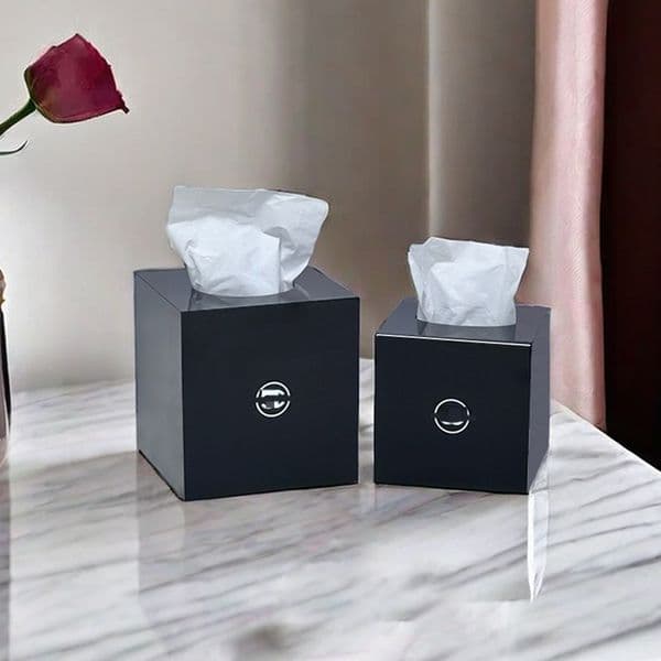 Stylish Black Acrylic Tissue Box Featuring Distinctive Lettering Print | Durable Office/Kitchen Accessory