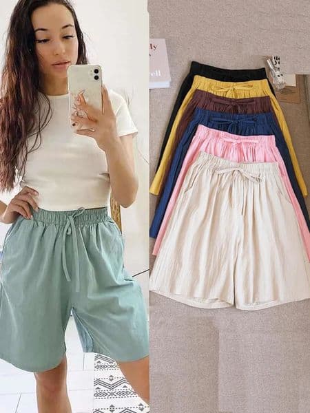 2024 Women Cotton ShortsSummer Casual Solid Two Pockets shorts high waist loose for girls Soft Cool female 250625
