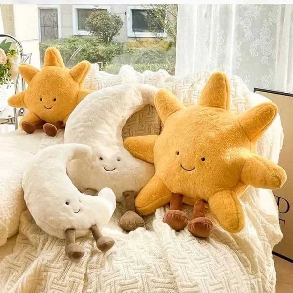 Adorable Face White Moon Yellow Sun Plushie Stuffed Cute Cartoon Weather Plush Toy for Kid Bedroom Decor Sofa Throw Pillow X250628