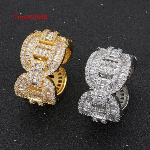 Hip Hop Men Diamond Rings Micro Pave Bling 3A Cubic Zirconia Gold Plated Cuban Link Ring
