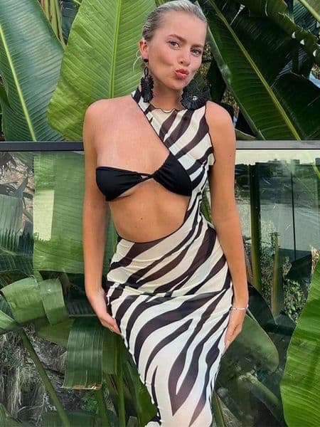 Zebra Print Long Beach Dress Cover-Ups Sexy Transparent Mesh Maxi Dress Striped Cut Out Bodycon Vacation Summer Dress Women 250628
